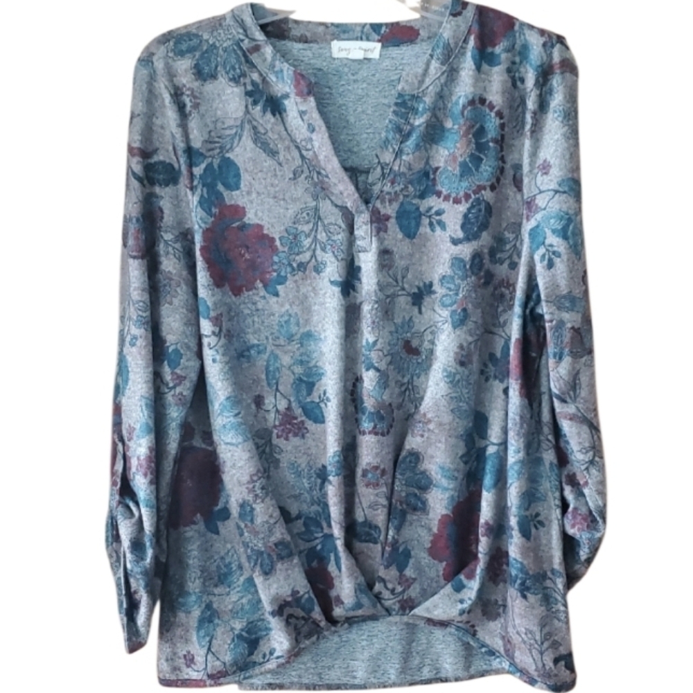 Song N Spirit Multicolor Teal‎ And Burgundy Floral Top Size Large